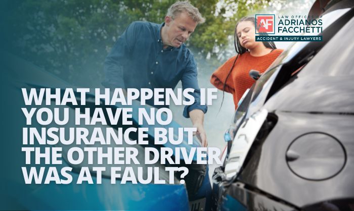 What Happens If You Have No Insurance But The Other Driver Was At Fault? Adrianos Facchetti, Personal Injury Lawyer, Consulting With An Injured Woman At A Car Accident Scene About Her Claim Options When Uninsured.
